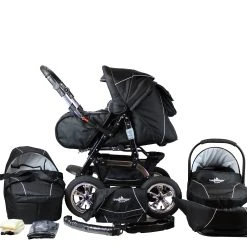Bergsteiger 10tlg. Set: Kombi Kinderwagen "Milano" In Schwarz